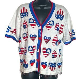 VINTAGE SERENAS PATRIOTIC BEADED CARDIGAN SWEATER USA AMERICA 4th Of JULY SZ M